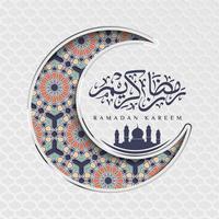 Beautiful Ramadan Kareem in paper cut style with Arabic calligraphy, Arabesque pattern, crescent, and mosque silhouette. Ramadan Kareem in Arabic calligraphy vector