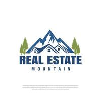 bienes raíces, hogar, plantilla de logotipo de casa con fondo de montaña. vector