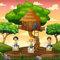 Children playing under the treehouse vector