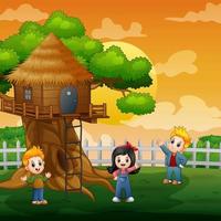Three kids playing at the treehouse illustration vector