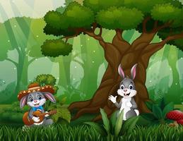 Happy bunnies having fun in the jungle vector