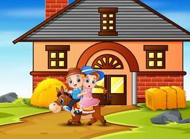 A boy and girl riding a horse in front the barn vector