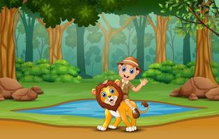 un chico de safari con un león en la jungla