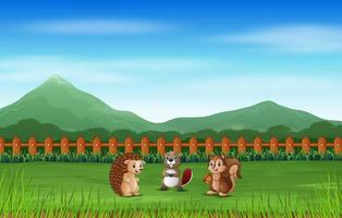 Scene with many animal in the green field vector