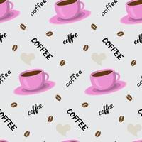 Vector seamless pattern with coffee cup, lettering and beans. Beautiful print in pastel tones. Background for textile, clothes, coffee shops, cafe and decor. Cute illustration