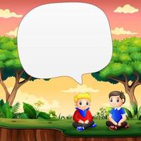 Speech bubble with two boys sitting on the grass vector