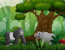 Gorilla with rhino living in the wood vector