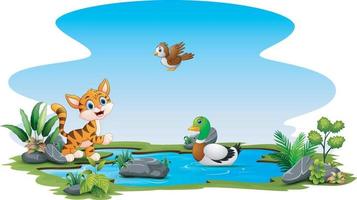 Happy animals playing on the small pond vector