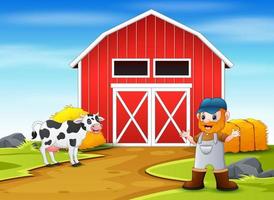 Farmer and cow in front of the barn vector