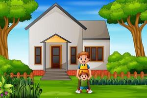 Happy father and sons in front of the house vector