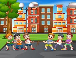 Group of boys playing tug of war on the court vector