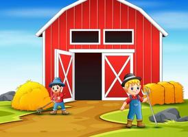 Happy farmer working in the farmyard vector