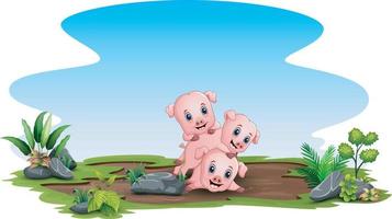 Scene with three pig playing on the field vector