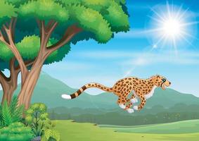 Cartoon cheetah jumping in the nature landscape vector