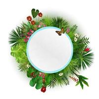 Branches and leaves of tropical plants. Round floral frame with butterflies