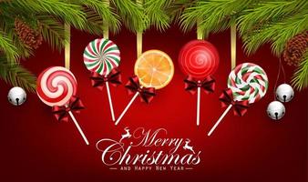 Christmas And Happy New Year with candy and fir tree vector