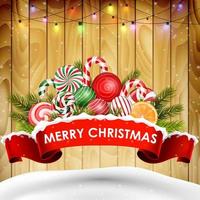 Retro design poster background for christmas with candy, realistic ribbon, and pine tree on wooden.vector vector