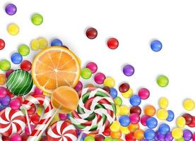 Sweets of candies with lollipop, orange juice, bubblegum on a white background.vector
