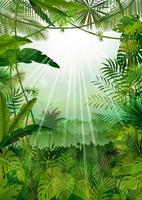 paisaje forestal de fondo tropical con rayos de sol vector