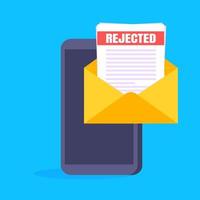 College or university reject letter with hand holds smartphone, open envelope document email. vector