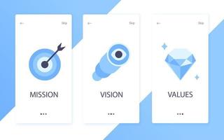 Mission, vision and values flat style design icons signs web concepts vector illustration set isolated on white background.