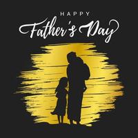 Happy Father's day postcard flat style design vector illustration isolated on black background. Lettering words, man and kids with golden rounded brush stroke behind silhouettes.