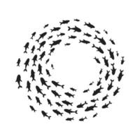 Silhouettes school of fish with marine life of various sizes swimming fish in the circle flat style design vector illustration.