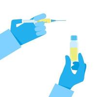 Doctor hand hold syringe with vaccine injection flat style vector illustration isolated on white background. Hospital concept for web sites or mobil apps.