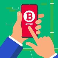 Hand holding black mobile phone with bitcoin symbol icon on the screen isolated on light blue wall background. Smartphone in human's hand vector illustration flat design style mining concept sign.