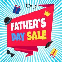 Father's day sale concept template flat style design vector illustration with big ribbon, text typography, gift boxes, hat, golden crown, mustaches, tie bow eye glasses and funny background.