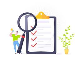 Checklist complete business concept tiny person with megaphone, magnifying glass nearby giant clipboard. vector