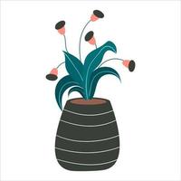 Flower pot for home garden and hobby. Plant with leaves in the ground for watering and care. Flat vector illustration