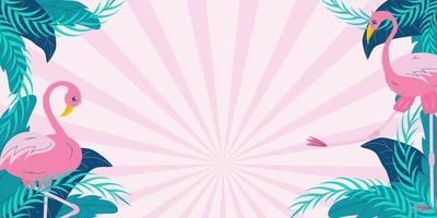 Summer banner with tropical leaves and flamingos on a pink background with space for text.Green leaves and pink bird. Flat vector horizontal illustration.