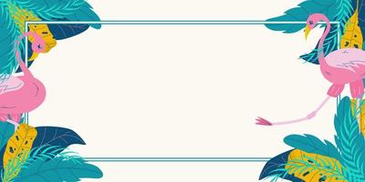 Summer banner with tropical leaves and flamingos on a light background with space for text. Green leaves and pink bird. Flat vector horizontal illustration.