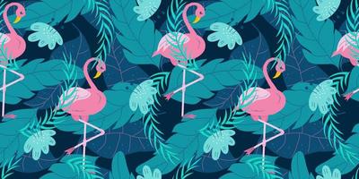Seamless summer pattern with pink flamingo and tropical leaves and flower. Blue leaves and flamingo on a dark background for summer design. Flat vector illustration