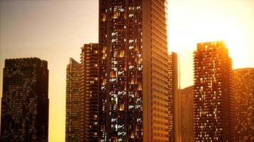 sunset aerial shot of skyscrapers of business centre video