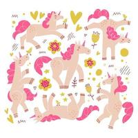 Set of pink unicorns with magenta mane and tail in different poses isolated on white background with abstact decor clipart. Flowers and hearts decoration. Flat vector illustration.