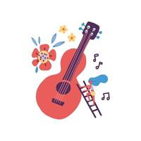 mujeres diminutas músicos tocando personajes de dibujos animados de guitarra. instrumento musical, hojas de plantas, guitarrista con una pequeña escalera de estilo escandinavo. ilustración de dibujado a mano plana de concierto de banda de música vector