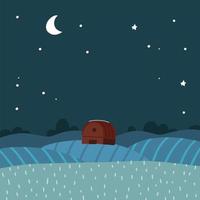 Flat Vector illustration of night over rural, farm landscape. Background with stars and moon in the sky.