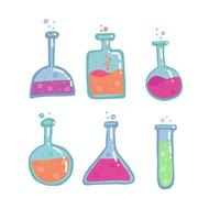 conjunto de 6 tubos de ensayo de química, matraces de diferentes formas boceto de color vectorial. ilustración aislada de educación y ciencia en estilo garabato con decoración. colección de bombilla dibujada a mano con líquido de burbujas vector