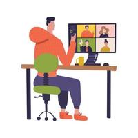 trabajador que usa computadora para reuniones virtuales colectivas y videoconferencias grupales. hombre en el escritorio chateando en línea. ilustración vectorial para videoconferencia de cuarentena, trabajo remoto. diseño vectorial plano vector