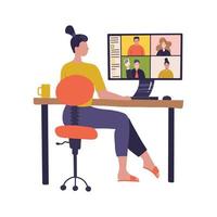 trabajadora que usa computadora para reunión virtual colectiva, videoconferencia grupal. mujer en el escritorio chateando en línea. ilustración vectorial para videoconferencia, trabajo remoto. diseño vectorial plano vector