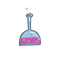 Half round Test tube vector color outlined sketch icon isolated on white background. Hand drawn bulb with lilac bubble liquid. Tube Doodle sketch for infographic. Glass bottles with bubbling water