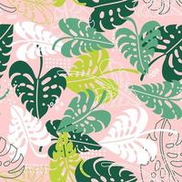 Seamless tropical pattern. Leaves of palm tree Monstera illustration. Bright flat and line vector background