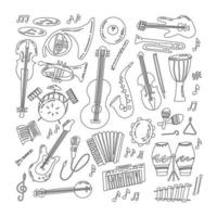 Hand drawn doodle musical instruments. Classical and jazz orchestra. Vector illustration. Vector black and white illustration