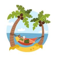 joven barbudo en una hermosa playa tropical con océano azul y palmeras. Cocoteros. personaje masculino acostado en hamaca. ilustración vectorial aislado sobre fondo blanco.