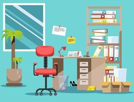 Order on the desktop. Pile of paper documents and file folders in cardboard boxes on the shelves. Flat vector illustration windows, chair and waste-basket