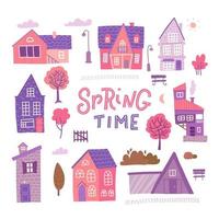 Set of detailed colorful houses for spring design. Trendy style cute buildings. Vector flat illustration with lettering - Spring time.