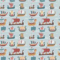 Seamless pattern with many Viking drakkars. Trendy scandinavian flat vector illustration. Sea sailboat ships.