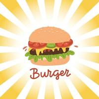 Street food lettering with burger and rays in retro style on the background. vector